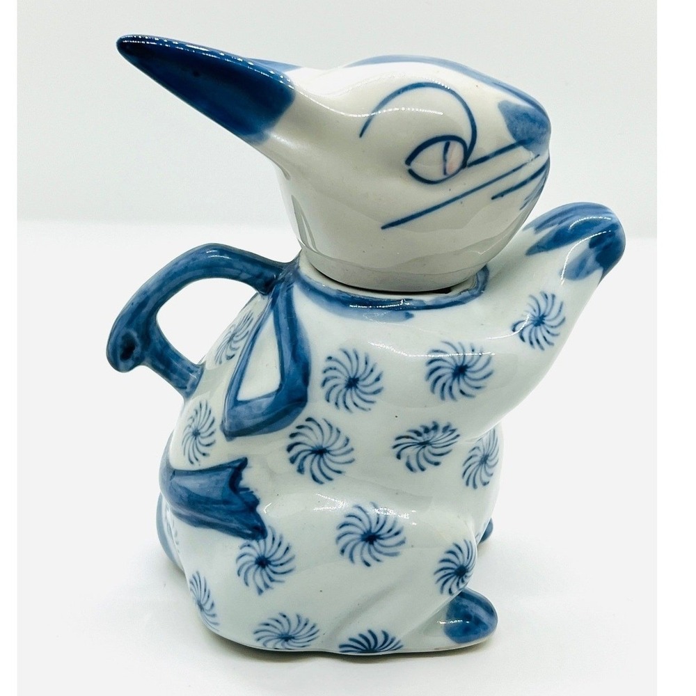 Hand Painted Blue & White Ceramic Cat Teapot Folk Art Whimsical Kitchen Decor